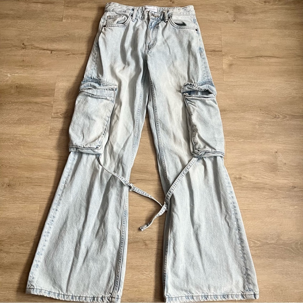 Zara Women's Jeans Blue Denim Cargo Wide Leg 100% Cotton Boho Hippie Streetwear - Picture 3 of 8